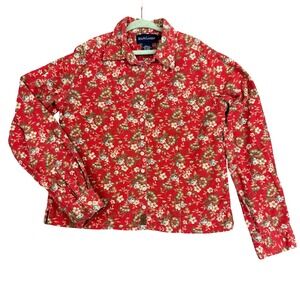 Ralph Lauren Floral Corduroy Button Down Shirt Girls L Red Cotton Long Sleeve